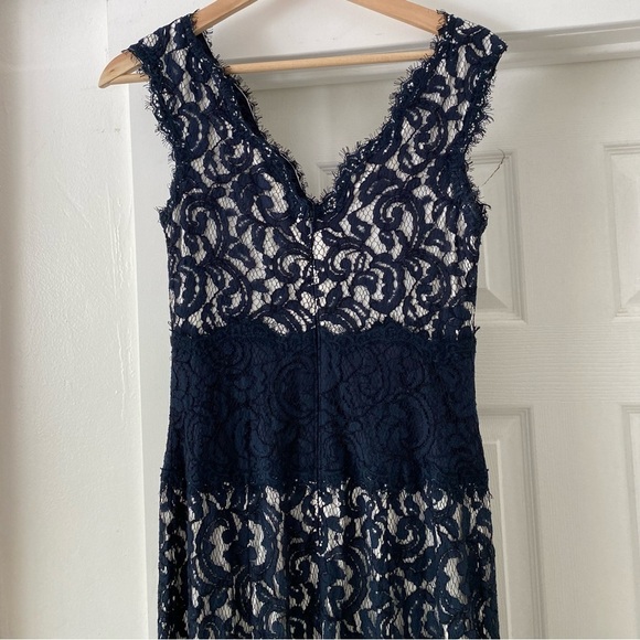 Tadashi Shoji Navy Sleeveless V Neck Lace Gown - Picture 7 of 9
